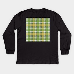 Green, White and Yellow Scottish Tartan Style Design Kids Long Sleeve T-Shirt